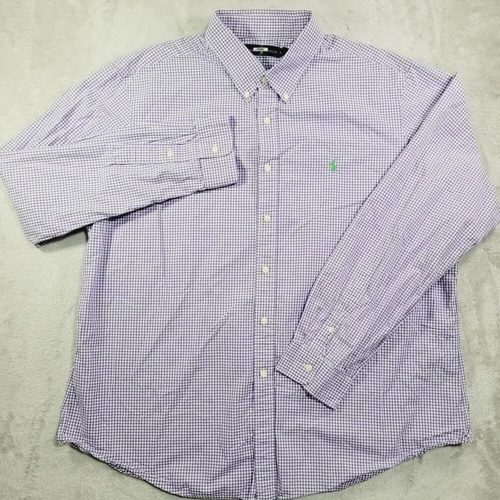 Ralph Lauren Shirt Mens 2XL Purple Check Long Sleeve Button Down Cotton Logo